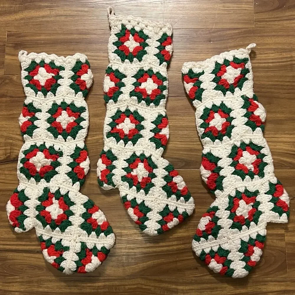 Vintage Lot of 3 Crochet Granny Square Christmas Stockings Red Green White Heels